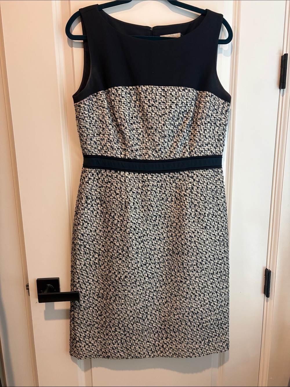 Tory Burch Navy and Cream Sleeveless Tweed Midi Dress